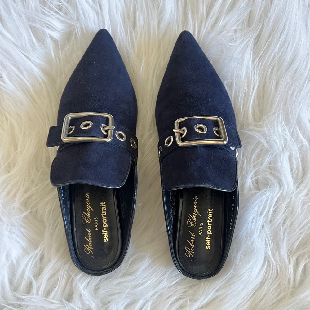 Robert Cleregie c Self-Portrait Women's Navy Suede Buckle Mules